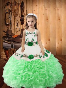 Floor Length Green Pageant Dress Womens Fabric With Rolling Flowers Sleeveless Embroidery and Ruffles