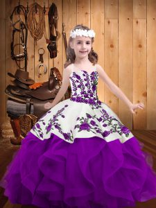 Best Straps Sleeveless Little Girls Pageant Dress Wholesale Floor Length Embroidery and Ruffles Purple Organza