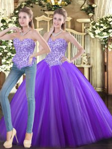 New Style Eggplant Purple Ball Gowns Beading 15th Birthday Dress Lace Up Tulle Sleeveless Floor Length