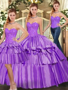 Exquisite Eggplant Purple Lace Up Sweet 16 Quinceanera Dress Beading and Ruffled Layers Sleeveless Floor Length