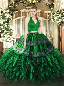 Artistic Sleeveless Organza Floor Length Zipper 15 Quinceanera Dress in Dark Green with Appliques and Ruffles