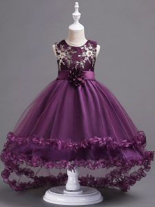 Stunning High Low Zipper Child Pageant Dress Dark Purple for Wedding Party with Appliques and Hand Made Flower