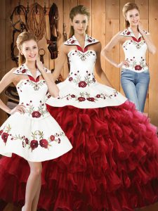 Smart Wine Red Ball Gowns Organza Halter Top Sleeveless Embroidery and Ruffled Layers Floor Length Lace Up Sweet 16 Dress