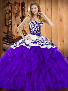 Adorable Satin and Organza Sweetheart Sleeveless Lace Up Embroidery and Ruffles Military Ball Dresses in Purple