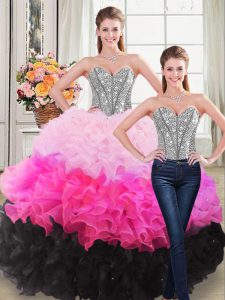 Fitting Multi-color Organza Lace Up 15 Quinceanera Dress Sleeveless Floor Length Beading and Ruffles