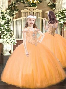 High Class Orange Tulle Lace Up Custom Made Pageant Dress Sleeveless Floor Length Beading