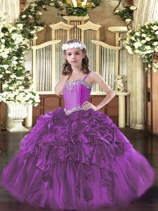 Low Price Fuchsia Organza Lace Up Little Girls Pageant Dress Wholesale Sleeveless Floor Length Beading and Ruffles