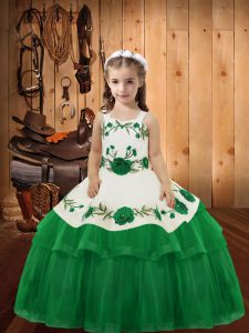 Enchanting Organza Straps Sleeveless Lace Up Embroidery and Ruffled Layers Pageant Dresses in Green