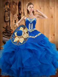 Sleeveless Floor Length Embroidery and Ruffles Lace Up Custom Made with Blue