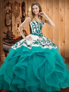 Embroidery and Ruffles Quinceanera Dresses Teal Lace Up Sleeveless Floor Length