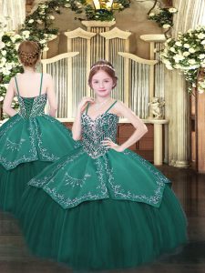 On Sale Dark Green Satin and Organza Lace Up Evening Gowns Sleeveless Floor Length Beading and Embroidery