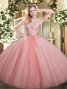 Baby Pink Backless Scoop Lace 15th Birthday Dress Tulle Sleeveless