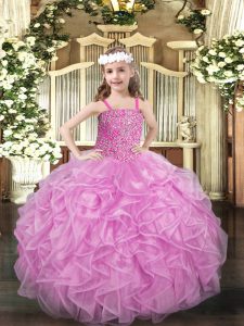 Graceful Rose Pink Organza Lace Up Little Girls Pageant Gowns Sleeveless Floor Length Beading and Ruffles