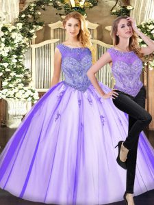 Popular Sleeveless Tulle Floor Length Zipper Quinceanera Dresses in Lavender with Beading