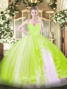 Dramatic Sleeveless Tulle Floor Length Zipper Quinceanera Gown in Yellow Green with Ruffles