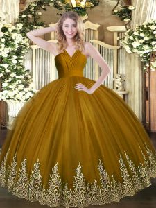 Fantastic Sleeveless Floor Length Appliques Zipper Ball Gown Prom Dress with Brown