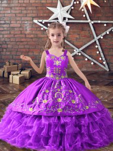 Embroidery and Ruffled Layers Little Girl Pageant Gowns Lavender Lace Up Sleeveless Floor Length