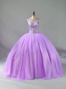 Sleeveless Floor Length Beading Lace Up 15 Quinceanera Dress with Lavender