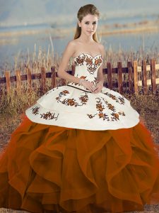 Rust Red Lace Up Sweetheart Embroidery and Ruffles and Bowknot Sweet 16 Quinceanera Dress Tulle Sleeveless