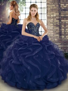 Navy Blue Sleeveless Floor Length Beading and Ruffles Lace Up Military Ball Gown