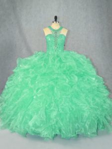 Adorable Apple Green Ball Gowns Scoop Sleeveless Organza Floor Length Zipper Beading and Ruffles Quinceanera Gowns