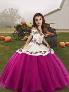 Embroidery Pageant Gowns For Girls Fuchsia Lace Up Sleeveless Floor Length