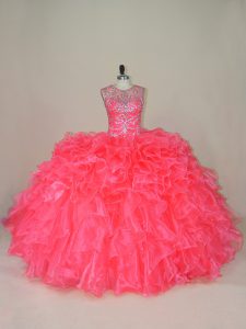 Exquisite Sleeveless Beading and Ruffles Lace Up Sweet 16 Quinceanera Dress with Pink
