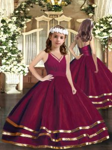 Burgundy Ball Gowns Ruffled Layers Little Girls Pageant Dress Wholesale Zipper Tulle Sleeveless Floor Length