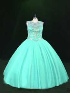 Tulle Scoop Sleeveless Lace Up Beading Vestidos de Quinceanera in Turquoise
