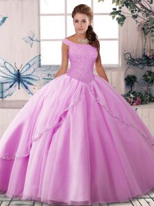 Customized Ball Gowns Sleeveless Lilac Sweet 16 Dresses Brush Train Lace Up