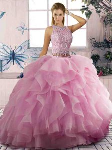 Pink Zipper Scoop Beading and Ruffles Quince Ball Gowns Tulle Sleeveless