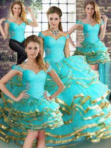 Stylish Sleeveless Floor Length Beading and Ruffled Layers Lace Up Quinceanera Dresses with Aqua Blue