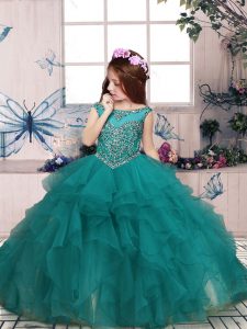 Turquoise Sleeveless Beading and Ruffles Floor Length Little Girl Pageant Dress