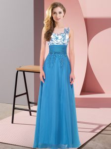 Chic Sleeveless Chiffon Floor Length Backless Quinceanera Dama Dress in Blue with Appliques