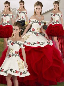 Lovely White And Red Ball Gowns Embroidery and Ruffles Quinceanera Gown Lace Up Tulle Sleeveless Floor Length