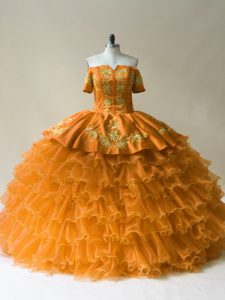 Fitting Gold Sweet 16 Quinceanera Dress Sweet 16 and Quinceanera with Embroidery and Ruffled Layers Off The Shoulder Sleeveless Lace Up