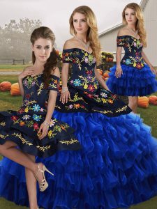 Off The Shoulder Sleeveless Lace Up Party Dress Wholesale Blue And Black Organza