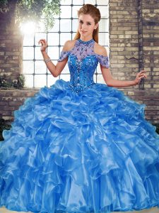 Custom Made Blue Organza Lace Up Halter Top Sleeveless Floor Length Quinceanera Gowns Beading and Ruffles