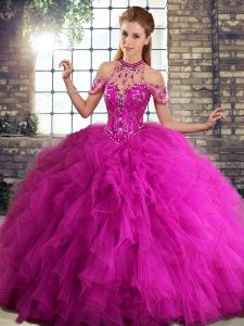Fuchsia Tulle Lace Up Halter Top Sleeveless Floor Length 15 Quinceanera Dress Beading and Ruffles