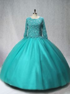 Hot Sale Scoop Long Sleeves Lace Up Quinceanera Dress Turquoise Tulle