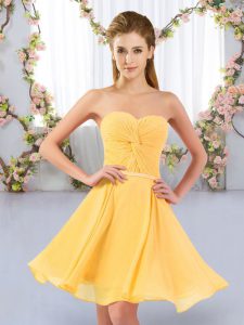 Trendy Gold Chiffon Lace Up Sweetheart Sleeveless Mini Length Quinceanera Court of Honor Dress Ruching
