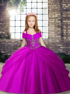 Latest Fuchsia Lace Up Kids Pageant Dress Beading Sleeveless Floor Length