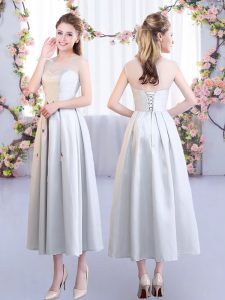 Glittering Empire Dama Dress for Quinceanera Silver Scoop Satin Sleeveless Tea Length Lace Up