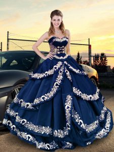 Dramatic Sweetheart Half Sleeves Lace Up Quinceanera Dress Navy Blue Satin