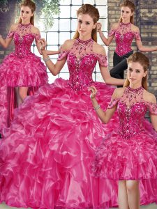 Dynamic Sleeveless Beading and Ruffles Lace Up Quince Ball Gowns