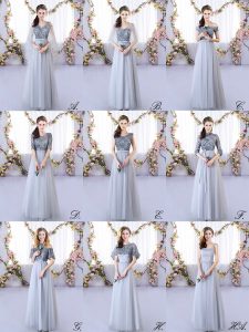 Empire Quinceanera Dama Dress Grey V-neck Tulle Sleeveless Floor Length Lace Up
