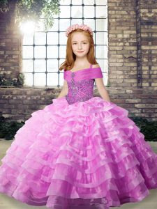 Sleeveless Organza Brush Train Lace Up Little Girl Pageant Gowns in Lilac with Beading and Ruffled Layers