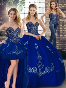 New Style Royal Blue Tulle Lace Up Quinceanera Dress Sleeveless Floor Length Beading and Embroidery
