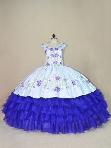 Lovely White And Purple Ball Gowns Satin and Organza V-neck Cap Sleeves Embroidery and Ruffled Layers Floor Length Lace Up Quinceanera Gowns