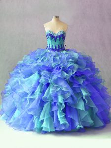Sumptuous Sweetheart Sleeveless Organza Quinceanera Gown Beading and Appliques and Ruffles Lace Up